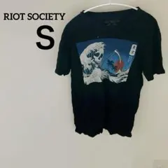 古着✨️レア✨️RIOT SOCIETY 【S】スカル 波 Tシャツ 黒 ブラック