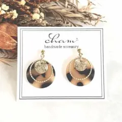 (No.340) マーブル ゴールド サークル ハンドメイドピアス イヤリング