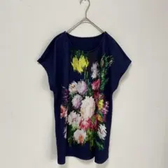 【mimosalip】花柄　グラフィック　チュニック　カットソー　トップス　紺