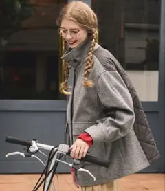 BONLECILL 2WAYヘリンボーン×キルト切替スタンドネックコートブルゾン