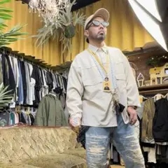 【古着】ベージュ 軽量シャツ フロントポケット付き