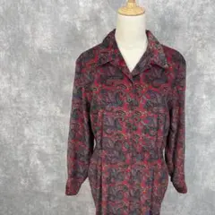ペイズリー模様 シャツワンピース コーデュロイ生地 太畝 前開き 赤色 M相当