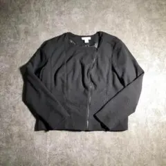 ZAS9【ヴィンテージ】ノーカラー ワッフルジャケット フルジップ 古着 黒