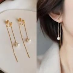 パール ロングイヤリング ゴールド レイヤーデザイン 揺れる 上品 EC003