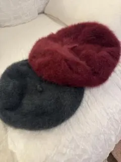 ファー素材 ベレー帽 2点セット グレー ワインレッド