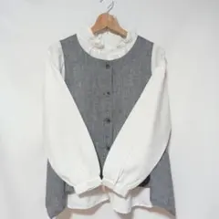 新品コットンリネン前ボタンベスト グレー