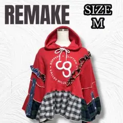 Mサイズ 古着リメイク パーカー チェックフリル US レッド r0117