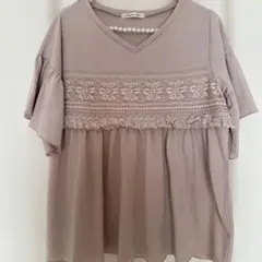 ベージュ フリル袖 レース装飾 チュニック 半袖