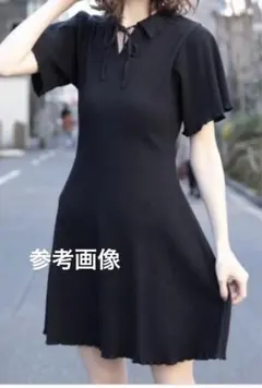 heather リブニットワンピース　フリルカット　ひざ丈ミニワンピース　黒