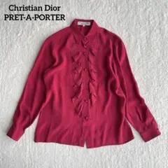 希少✨Christian Dior シルク100% フリルブラウス 長袖 M 赤のサムネイル