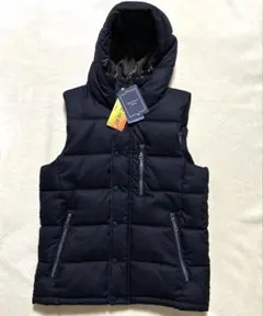 【Navy】中綿 ジップアップ ベスト ヘリンボーン フード