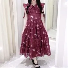 evelyn オリジナルリボン柄ワンピース ワイン レッド