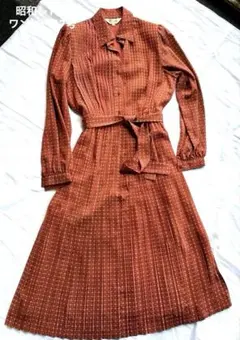 昭和レトロ ビンテージ リボン付き幾何学模様赤ワンピース7号