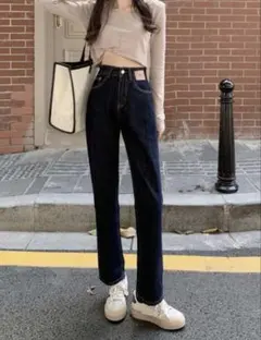 ダークブルー ストレートデニム ハイウエスト