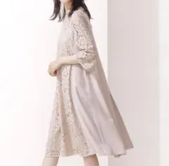 ナノユニバース　レース　プリーツ　セレモニードレス　ワンピース　ピンクベージュ