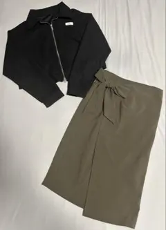 秋コーデ♡ジップアップ長袖＆ラップスカート カーキ Msize