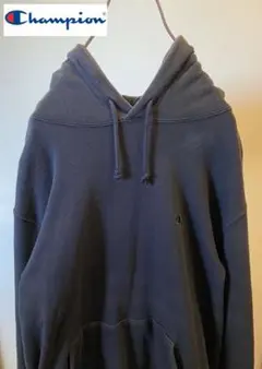 90s チャンピオン　プルオーバーパーカー 刺繍ロゴ ラインリブ スウェット