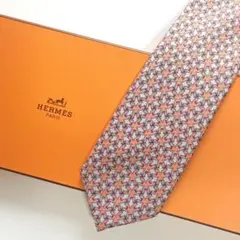 美品 エルメス HERMES ネクタイ シルク サーモンピンク 動物柄 / トリ