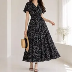 23SS 美品 エムズグレイシー 花柄 ティアード フレア ワンピース 38 黒