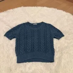 ブルー ケーブル編み 半袖ニット
