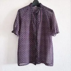 日本製 昭和レトロ 総柄 シアーブラウス 紺×赤 ヴィンテージ 70s 9号