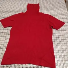 新品　赤 ハイネック 半袖ニット