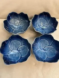 青色花形陶器ボウル4個セット