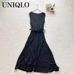 【ユニクロ】スラブVネックワンピース（Ｍ）フレア ロングノースリーブ 無地 黒