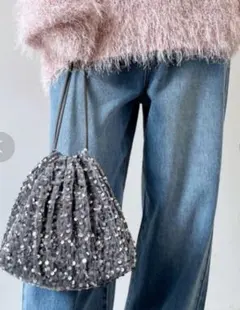 スパンコール巾着バッグ グレー