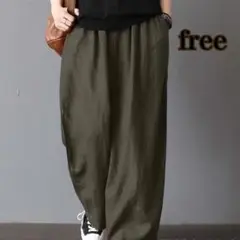 メンズ ワイドパンツ 秋 綿 麻 カジュアルパンツ 無地 フリー カーキ