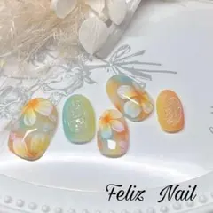 No.5 ネイルチップ、フラワー、夏、カラフル、海、ビタミンカラー縦グラ