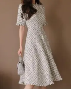 半袖ワンピース ツイード Aライン フレア ミモレ丈 白 S パーティ 上品