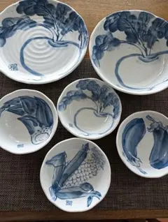 青い野菜の絵柄 大皿、大鉢、小鉢等6点セット 食器