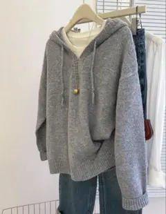 SHEIN カジュアルルーズフィットフー デッドグレーニット フード