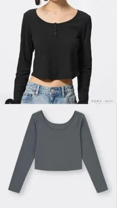 未使用 GU コットンブレンドリブクロップドヘンリーT ワイドネック ショート丈