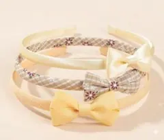 キッズ リボンカチューシャ 3点セット イエロー系 チェック 花柄 シンプル