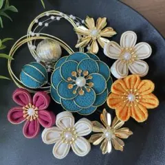 つまみ細工 髪飾り 成人式 卒業式 振袖 前撮り 袴 ターコイズ系 【247】