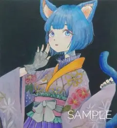 手描きイラスト アナログ オリジナル 色紙 寸松庵 和服猫