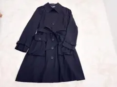 黒いロングトレンチコート ベルト付き チェック裏地　サイズL