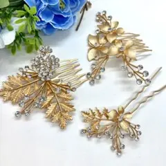 3点セットゴールド　小枝 ヘッドドレスパールラインストーン