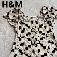 H&M パフスリーブブラウス S 総柄 スクエアネック フロントボタン