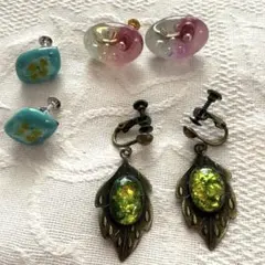 花柄樹脂イヤリングとアンティークイヤリング3点セット