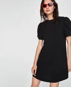 ZARA/ザラ/XS パフスリーブミニワンピース/黒/シフォンワンピース/パール
