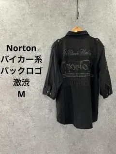 Norton 半袖　バイカー 刺繍 ビッグロゴ 麻混 フェード 古着 ノートンのサムネイル