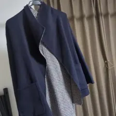 ネイビー フリース ロングコート チェックリバーシブルのサムネイル