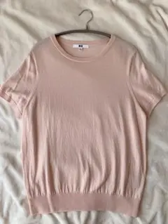 【未使用】ユニクロ メリノクルーネックセーター半袖メリノウール100%ピンクXL