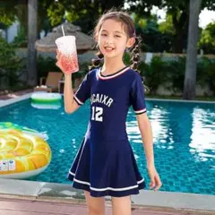 2XL 130-140cm 子供 ワンピース水着 女の子 ジュニア ネイビー