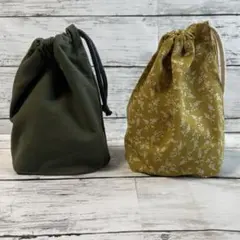 ハンドメイド　コップ袋　巾着　給食袋　カーキ　モスグリーン　無地　花柄　2点