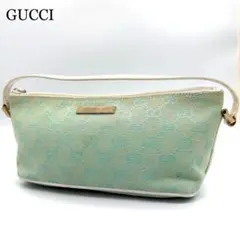良品✨グッチ ポーチ バニティ キャンバス ライトグリーン ゴールド金具