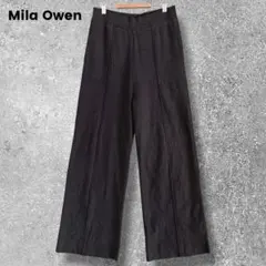 ミラオーウェン　ワイドパンツ　ストレート　ウエストゴム　センター　黒　無地